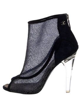 CHANEL Glitter Mesh Peep Toe Suede Trim Heels